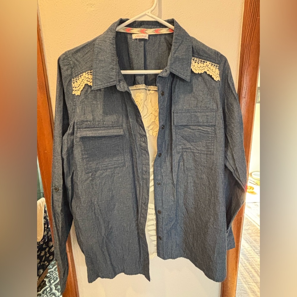 Denim lace button up shirt medium